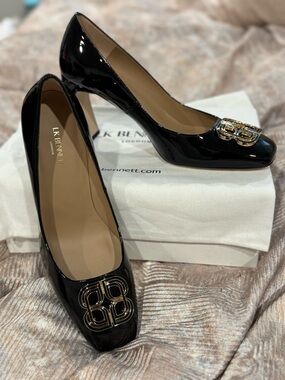 LK Bennett Truly Signature Black Patent Pumps with Gold Logo Detail